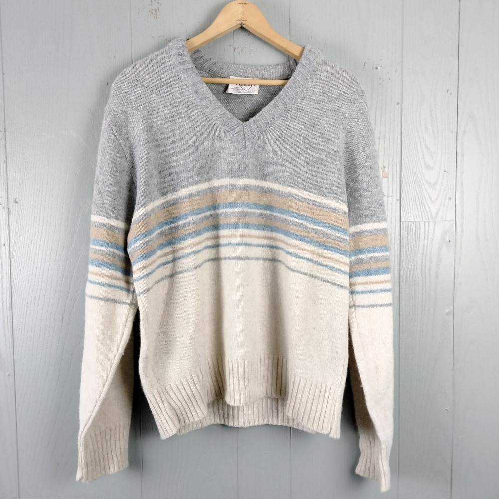 Vintage 80s Grandpa Wool Blend Sweater Mens‎ L Striped Preppy V-Neck Normie Warm